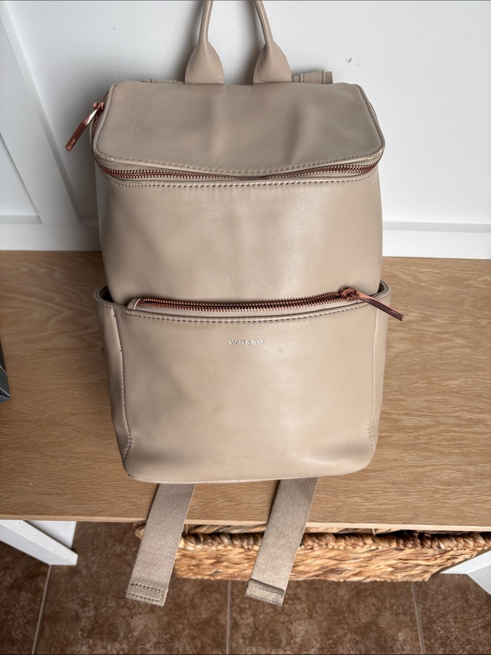 Matt & Nat Cream Backpack with Rose Gold Zippers